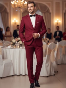 Setelan Jas Pria 2 Potong, Termasuk Jaket Blazer dan Celana Panjang, Cocok untuk Bisnis, Pernikahan, Pesta, Perjamuan, dan Acara Formal Lainnya, Setelan Jas Slim Fit Lengan Panjang Warna Polos Elegan, Ukuran XS-XXXL - Burgundy - View 2