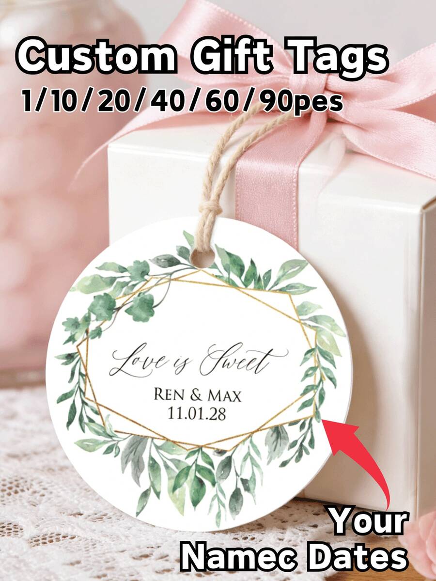 Etiquetas de regalo personalizadas con cuerda de yute, etiquetas redondas impresas con "El amor es dulce", se pueden personalizar con los nombres y fechas de la pareja, adecuadas para bodas, fiestas, cumpleaños, celebraciones, pequeños negocios, decoraciones de fiesta, tarjetas de regalo decorativas, tarjetas de agradecimiento, regalos de apreciación para invitados, fondo blanco con patrón de hojas verdes, amor eterno, verdor, regalos de agradecimiento para hombres - Multicolor - Ver 1