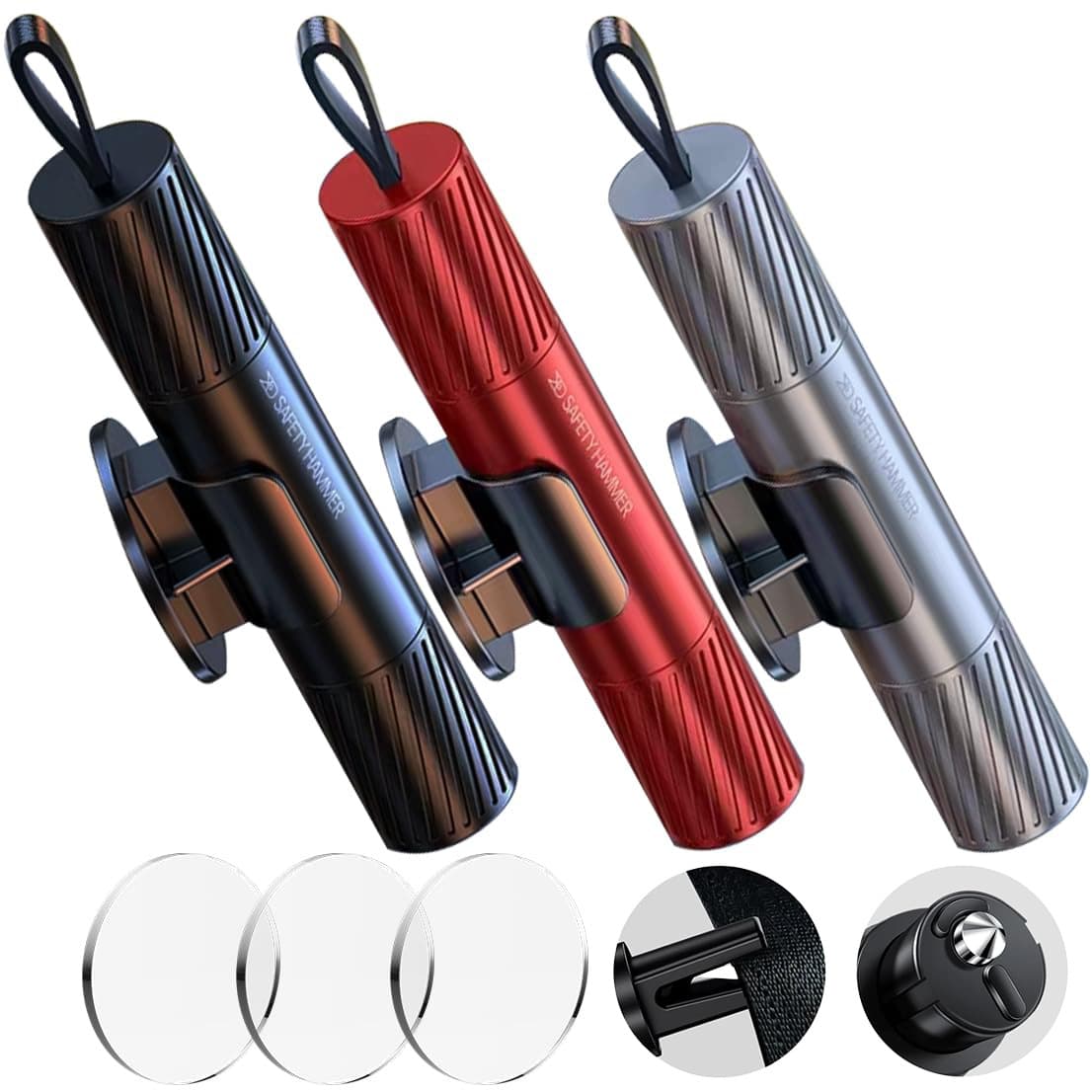 2025 Upgraded  Hammer Glass Breaker Under Water, Car Hammer Seatbelt Cutter Window Breaker Emergency Escape Tool, Glass Breaker For New Cars (3PCS) - Red & Black & Silver - View 1