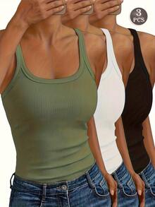 3pcs Women's Camisole, Women's Fashion Ribbed Tank Tops - Breathable, Fitted, Unpadded Sports & Yoga Vest - Versatile Solid Color Activewear - Nhiều màu - Xem 1