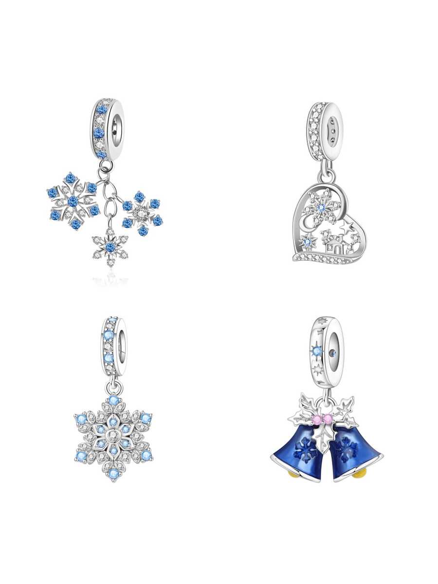 CYMYSS 1 件圣诞雪花铃铛吊坠珠，镀铜银材质，镶嵌立方氧化锆，女士吊坠饰品，冬季及圣诞节节日珠宝礼物