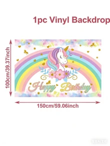 1件100*150厘米彩虹独角兽生日快乐涤纶背景布/横幅，是独角兽主题生日派对房间墙壁、室内/室外围栏装饰的完美之选，也可用作圣诞节和其他场合的悬挂布或装饰面料。 - 粉色 - 查看 3