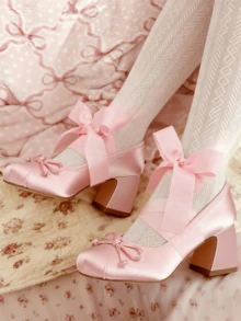 Elegant Cute Womens Ballet High Heels Round Toe Bow Decors Lace Up Block Heel Ballerina Dancing Shoes Party Dressy Occasions Heeled Shoes - Hồng - Xem 1