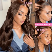 30 Inch Chocolate Brown Lace Front Wig 250 Density 13x4 HD Body Wave Human Hair Wig For Women With Baby Hair Glueless Human Hair Wig Brazilian Virgin Human Hair Wig Dark Brown Colored 13x4 Lace Frontal Wigs For Women Human Hair Pre Plucked - S4 - 查看 7