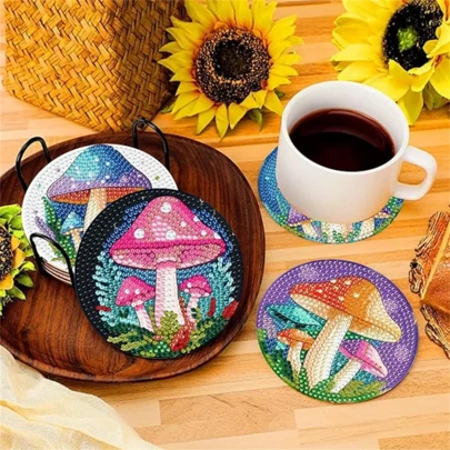 8件套彩色蘑菇田园风5D DIY钻石画杯垫套装，带支架，闪亮水钻工艺杯垫，适用于家居咖啡桌装饰