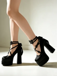 Women's Cute Lolita Platform Mary Jane Pumps Buckle Bowknot Chunky Block Heels Elegant Party Shoes - màu đen - Xem 6