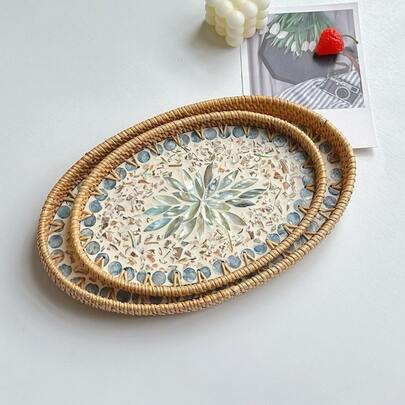Bandeja de frutas tejida de ratán y conchas con estilo bohemio-chic - Organizador decorativo para joyas y almacenamiento de té