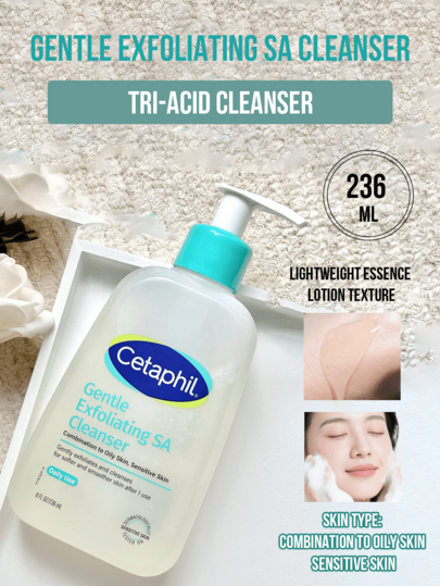 Cetaphil 236ml Tamaño completo / 29ml Tamaño de viaje Limpiador facial exfoliante suave con ácido salicílico, apto para piel mixta a grasa, piel sensible. Exfolia suavemente en otoño/invierno, ayuda a mejorar la textura de la piel, reduce las imperfecciones, equilibra suavemente la producción de aceite, apto para piel grasa, propensa al acné y sensible. La exfoliación suave limpia, dejando la piel talla grande suave y tersa después de un solo uso.