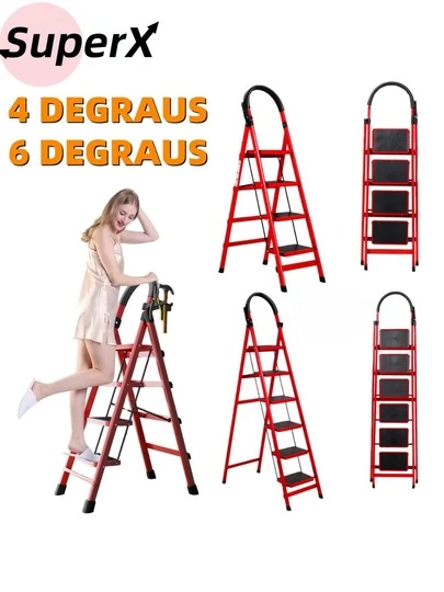 Escada de Aço Carbono Plegável 4/6 Degraus – 1000kg, Reforçada, Uso Doméstico