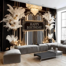 1 tấm phông nền sinh nhật 2D phẳng, kiểu đen & vàng, vải polyester, trang trí trang sức vàng, vòng hoa lông vũ, thích hợp trang trí tiệc sinh nhật, lễ kỷ niệm, họp mặt, lễ hội, phông nền sinh nhật, trang trí bàn bánh, trang trí tường, trang trí nhà/vườn/trong nhà/ngoài trời, phông nền chụp ảnh, đồ dùng trang trí tiệc/quà tặng. - Nhiều màu - Xem 3