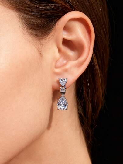 1 Pair S925 Sterling Silver Synthetic Cubic Zirconia Double Main Stone Heart & Teardrop Design Long Earrings, Elegant Jewelry Suitable For Women's Engagement, Wedding, Daily Wear, Gift For Loved One