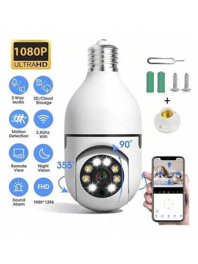 Cámara de vigilancia con bombilla Wifi de 1080P, Cámara De 1080p Wifi Hd, visión nocturna a color, rotación de 360°, seguimiento automático de personas, comunicación bidireccional, hogar inteligente