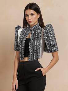 Amyenjoylife 现代菲律宾风单件女装时尚半透明拼接立领设计优雅衬衫，纽扣衬衫春夏百搭菲律宾风女式短外套，黑色外套 - 黑色 - 查看 1