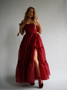 Maxi A Line Dress For Women Sleeveless Tie Shoulder U-Neck Split Hem Cross Bandage Ball Gown - 酒紅色 - 查看 3