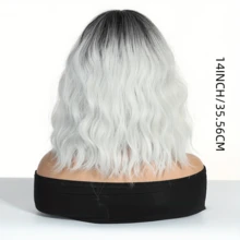 14" White Ombre Short Curly Bob Wig With Bangs For Women - Matte Heat-Resistant Fiber | Breathable Rose Net | Women Christmas Holiday Daily Wear - 白色 - 查看 6