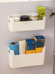2pcs/1pc Kitchen Wall Mounted Storage Box, Adhesive Wrap Bag Holder For Cabinet Interior, Over-The-Door Hanging Basket, Kitchen Organizer, Room Decor, Home Decor