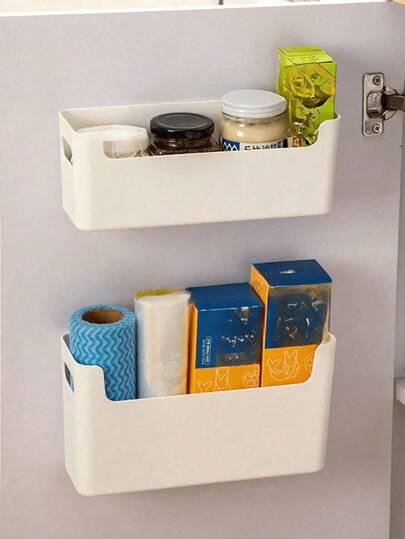 2pcs/1pc Kitchen Wall Mounted Storage Box, Adhesive Wrap Bag Holder For Cabinet Interior, Over-The-Door Hanging Basket, Kitchen Organizer, Room Decor, Home Decor