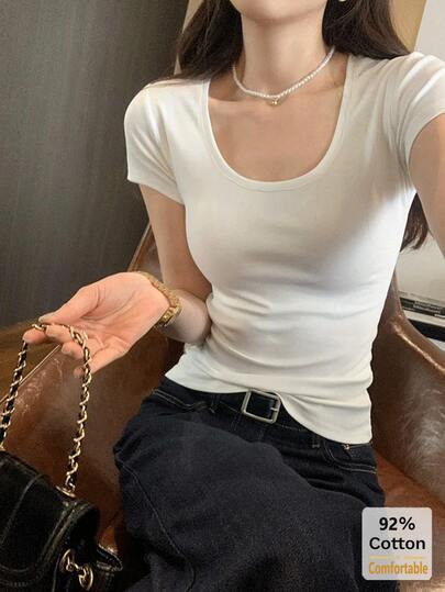 女士纯色U领短袖T恤，夏季百搭休闲修身打底衫