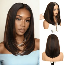 层次剪裁直发U型挑染棕色假发，Yaki直发无胶合成纤维，24英寸和14英寸短款U型波波头假发，适合，无需留发，无需缝合，无需胶水，夹式半头假发