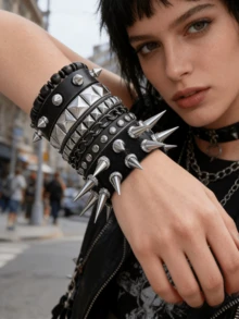 Yanxyad Bộ 5 vòng tay đính gai phong cách Punk Rock cho nam nữ, thập niên 80, phong cách Alt Gothic Grunge Emo, phụ kiện vòng tay đính hạt hình ngôi sao phong cách Y2K, vòng tay cài khuy bằng da PU. - màu đen - Xem 3