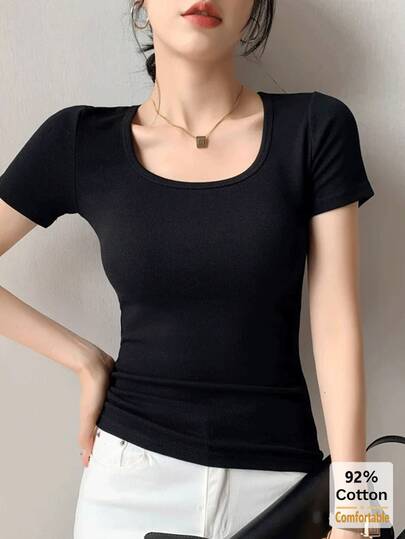Women's Solid Color U-Neck Short Sleeve T-Shirt, Versatile Casual Slim Fit Undershirt For Summer