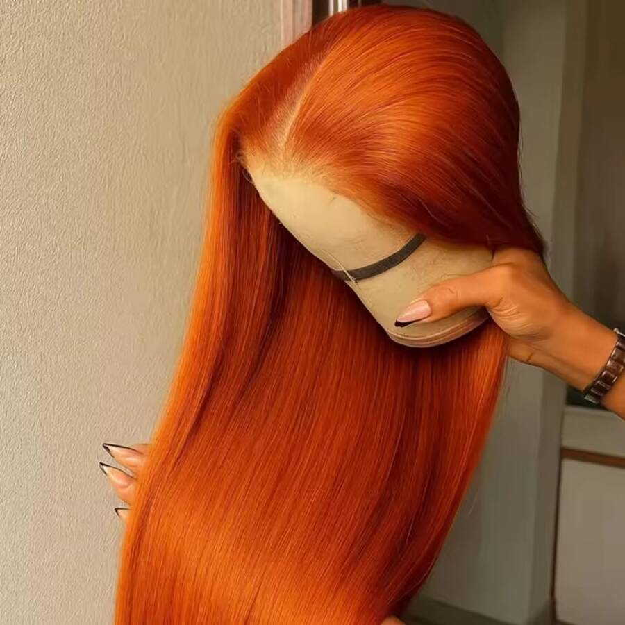 36 38Inch 350# Ginger Orange Lace Front Wig Human Hair Brazilian Virgin Straigth Lace Front Wigs Human Hair 250% Density 350# Colored Human Hair Wig 13x4 Transparent HD Lace Frontal Wig For Women 350# Colored Pre Plucked With Baby Hair - S350 - 查看 1