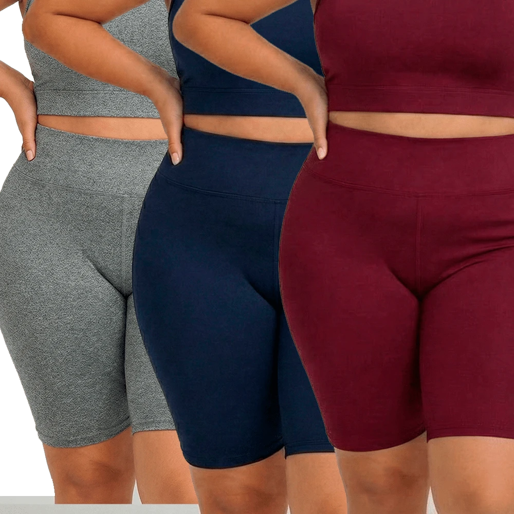 Set Of 3 Women's Plus Size Bermuda Shorts In Supplex, High Waist, Leggings/Fitness/Gym Suit, Sizes GG To G3 - 灰色,藍色和勃根地酒紅色 - 查看 1