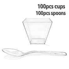 25pcs/50pcs/100pcs 60ml Clear Plastic Parfait Appetizer Cups With Spoons, Mini Square Dessert Bowls For Serving And Tasting