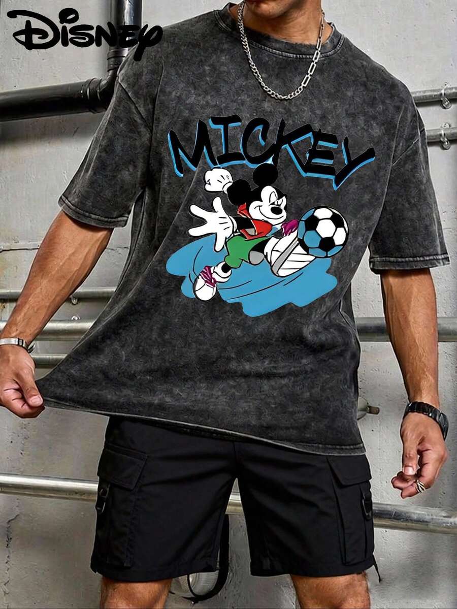 Disney UNIHLO  Mickey   Printed Summer Heavyweight Retro Washed Street Fashion Casual T-Shirt - màu đen - Xem 1