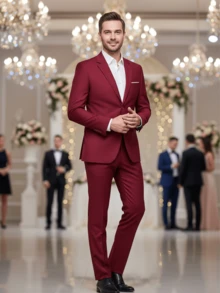 Setelan Jas Pria 2 Potong, Termasuk Jaket Blazer dan Celana Panjang, Cocok untuk Bisnis, Pernikahan, Pesta, Perjamuan, dan Acara Formal Lainnya, Setelan Jas Slim Fit Lengan Panjang Warna Polos Elegan, Ukuran XS-XXXL - Burgundy - View 4