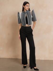 Amyenjoylife 现代菲律宾风单件女装时尚半透明拼接立领设计优雅衬衫，纽扣衬衫春夏百搭菲律宾风女式短外套，黑色外套 - 黑色 - 查看 3