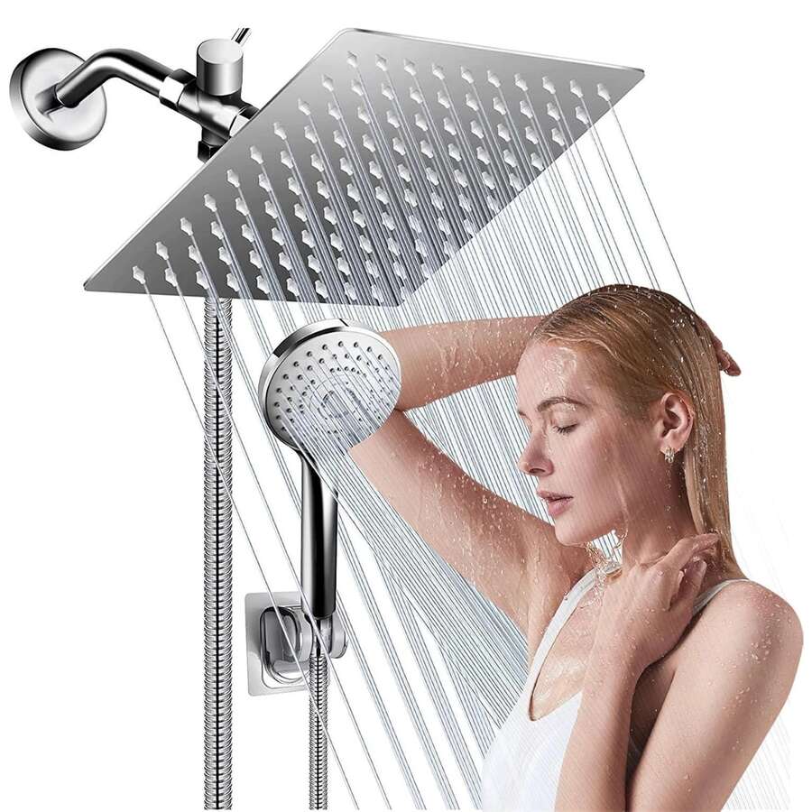 Shower Head Combo,8 Inch High Pressure Rain Shower Head  And 3 Settings Handheld Shower Head Combo,Powerful Shower Spray Against Low Pressure Water With Long Hose - Hợp kim crom - không có tay nối dài - Xem 1