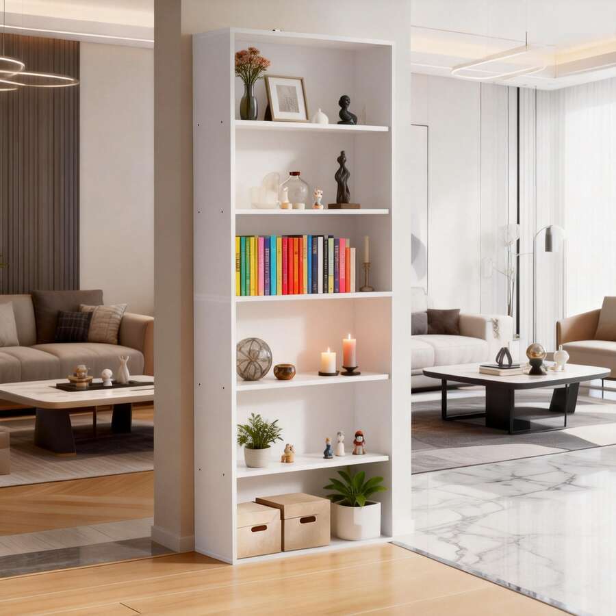 180cm Librería De 6 Niveles - Librero Organizador Para Oficina Dormitorio Estudio Sala - Blanco - Ver 1