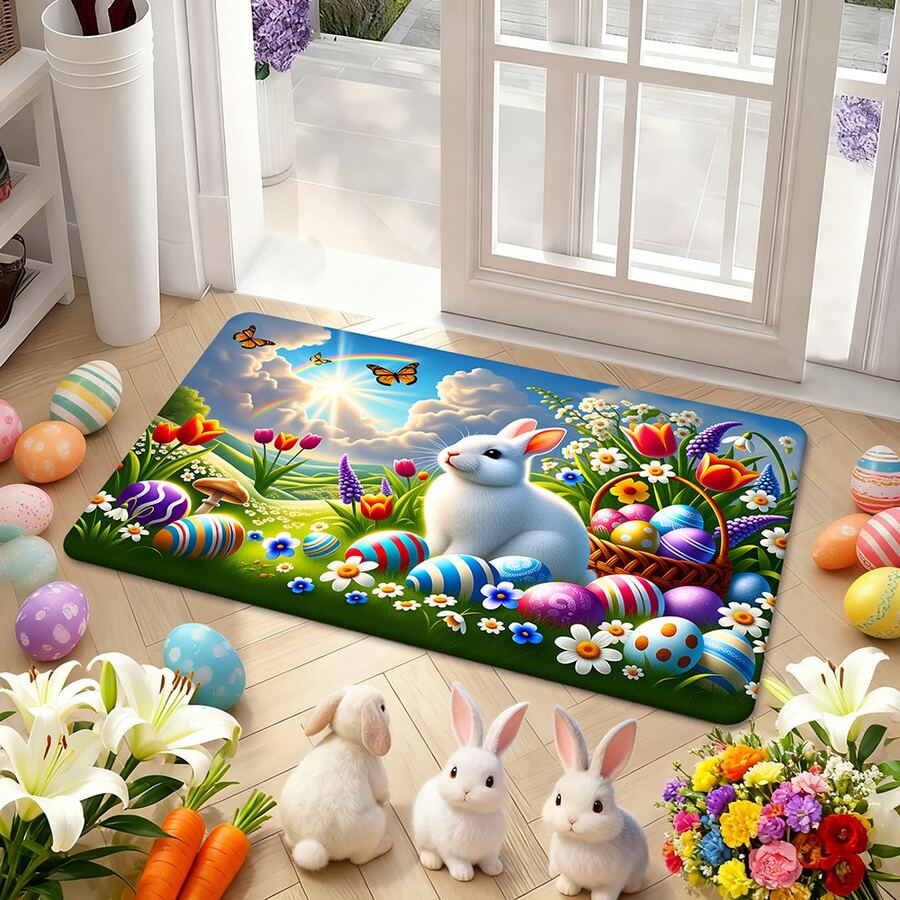 1/2pcs Easter Doormat And Rug Set, Cute Rabbit, Easter Eggs & Floral Pattern, Non-Slip Backing, Suitable For Home Entryway And Stairs Decor, Add Holiday Atmosphere, Soft & Comfortable, Practical & Decorative - Multicolor - View 1