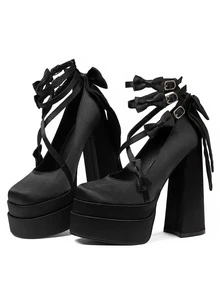 Women's Cute Lolita Platform Mary Jane Pumps Buckle Bowknot Chunky Block Heels Elegant Party Shoes - màu đen - Xem 3