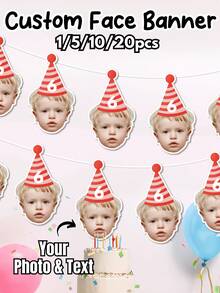 1/5/10/20pcs Customized Portrait Birthday Banner, Birthday Photo Banner, Face Banner, Personalized Fun Face Flag, Customized Image Party Pennant, Multipurpose, Decorative, Reusable, Elegant, Fashionable, High Quality, Vibrant Colors, Modern, Unique, Uploadable Digits Or Initials, For Birthday Party Decor, Wedding, Back To School Party, Valentine's Day - Multicolor - View 2
