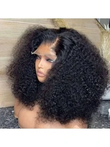 女士奢华长款深波浪假发 - 无胶蕾丝前假发，预剪预拔毛 5x5 高清网状假发，即戴即用深波浪卷刘海假发，耐热合成纤维假发，自然发际线 - 自然色&黑色系 - 查看 3