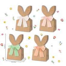 12/24 Pcs Easter Gift Bags, Cowhide Paper Rabbit Ears Party Favor Bags, Boho Style Neutral Bow Ribbon Artificial Flowers Rustic Paper Bunny Gift Boxes Easter Party - Multicolor - View 6