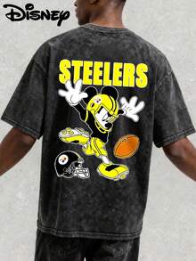 Disney UNIHLO  STEELERS Mickey   Printed Summer Heavyweight Retro Washed Street Fashion Casual T-Shirt - 黑色 - 查看 2