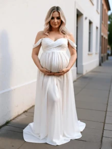 Maternity Dress For Photography Solid Color Off-Shoulder Chiffon Gown Front Split Long Pregnancy Dresses For Photoshoot - trắng - Xem 2