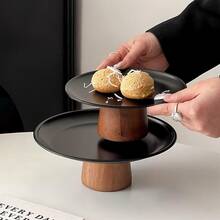 1个黑色木质底座不锈钢餐盘，适用于餐桌、餐厅、厨房、派对、生日等场合 - 木高腳不鏽鋼黑色盤 - 查看 10