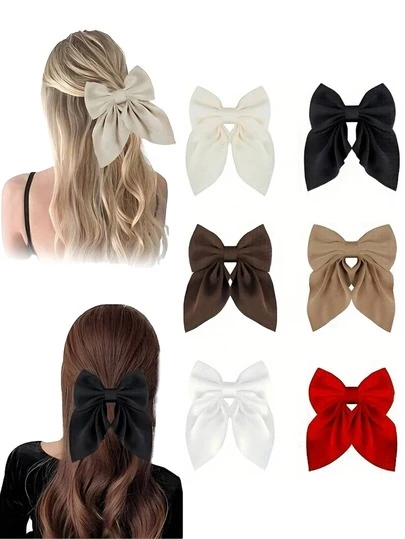 6 件装女士发饰蝴蝶结，缎带蝴蝶结发夹，短尾法式发夹，丝滑大蝴蝶结发饰，适合马尾辫，时尚简约，情人节斋月发饰（黑色蝴蝶结、白色蝴蝶结、红色蝴蝶结）