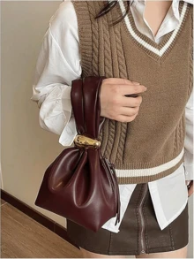 1pc Solid Color PU Leather Handbag, Burgundy Ancora Design, Women's Personalized Mini Cloud Pleated Bag With Metal Decor Zipper Closure, Suitable For Daily And Outdoor Use , New Year , Burgundy Bag - Màu Đỏ Sâu - Xem 11