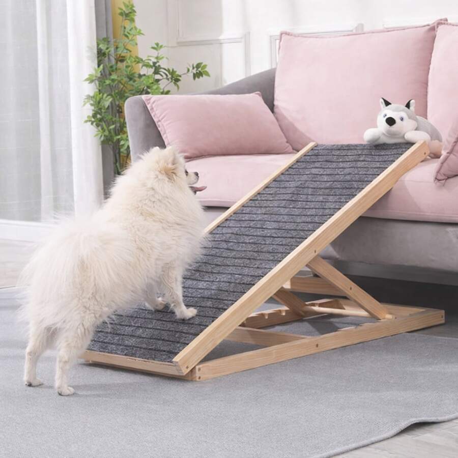 M Size Adjustable Wood Pet Dog Stairs, Ramp Couch Bed Ladder, Non-Slip Pet Ramp - Grey - View 1