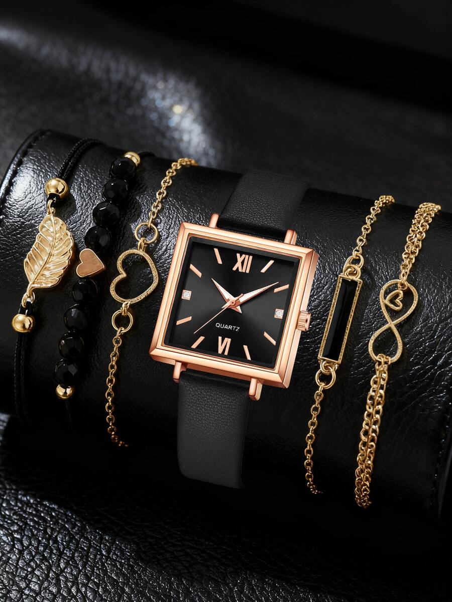 6件套，女士手表，奢华复古优雅简约方形表壳石英表，极简手链，手表手链套装，适合日常佩戴、聚会或度假，生日或情人节礼物，Y2K派对礼服节日礼物 - 彩色 - 查看 1