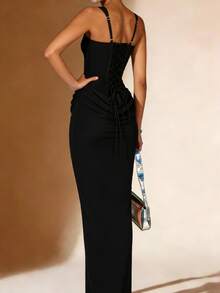 Fitted Fishbone Halter Maxi Dress, Slim-Fitting Solid Color Bodycon Dress, Suitable For Formal Occasions Such As Weddings, Parties, Banquets, And Evening Gowns With Long Trains. - màu đen - Xem 3