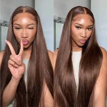 34 Inch 4# Chocolate Brown Lace Front Wig Human Hair Straight HD Lace Front Wigs Brazilian Virgin Human Hair 250% Density Colored Human Hair Wig 13x4 HD Lace Frontal Wig For Women 4# Colored Pre Plucked With Baby Hair Natural Hairline - S4 - 查看 6
