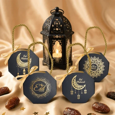 5pcs Eid Mubarak Candy Gift Box, Ramadan Paper Gift Box, Eid Al-Fitr/Eid Al-Adha Dessert Table Decor, No Electricity Required, Include Ramadan Holiday Party Supplies