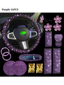 7件套汽车配件套装,女士汽车配件,亮面方向盘套,亮面汽车杯垫,亮面套装,安全带肩垫,圆形Logo贴纸,换挡杆套 - 款式A - 查看 32