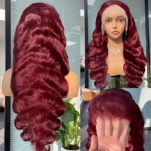 30 Inch 99j Burgundy Wig Human Hair 250% Density Body Wave Lace Front Wigs Human Hair Glueless 13x4 HD Transparent Lace Frontal Wig Burgundy Wine Red Colored Body Wave Wig Pre Plucked With Baby Hair No Shedding & Easy Maintenance - S99J - 查看 7